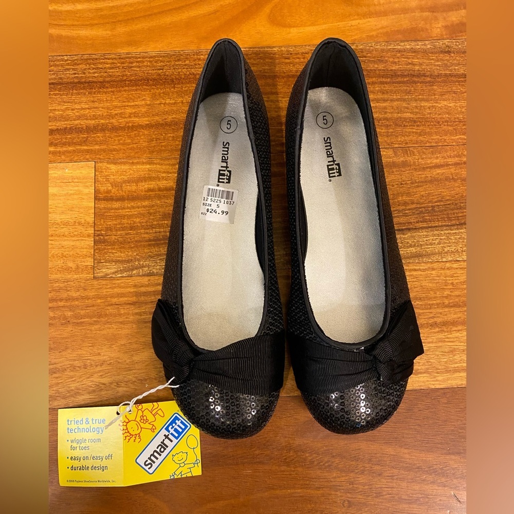 SmartFit Black Sequin Bow Flats for Kids New with box